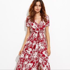 V-Neckline Calico Print Tassel Tie Dress